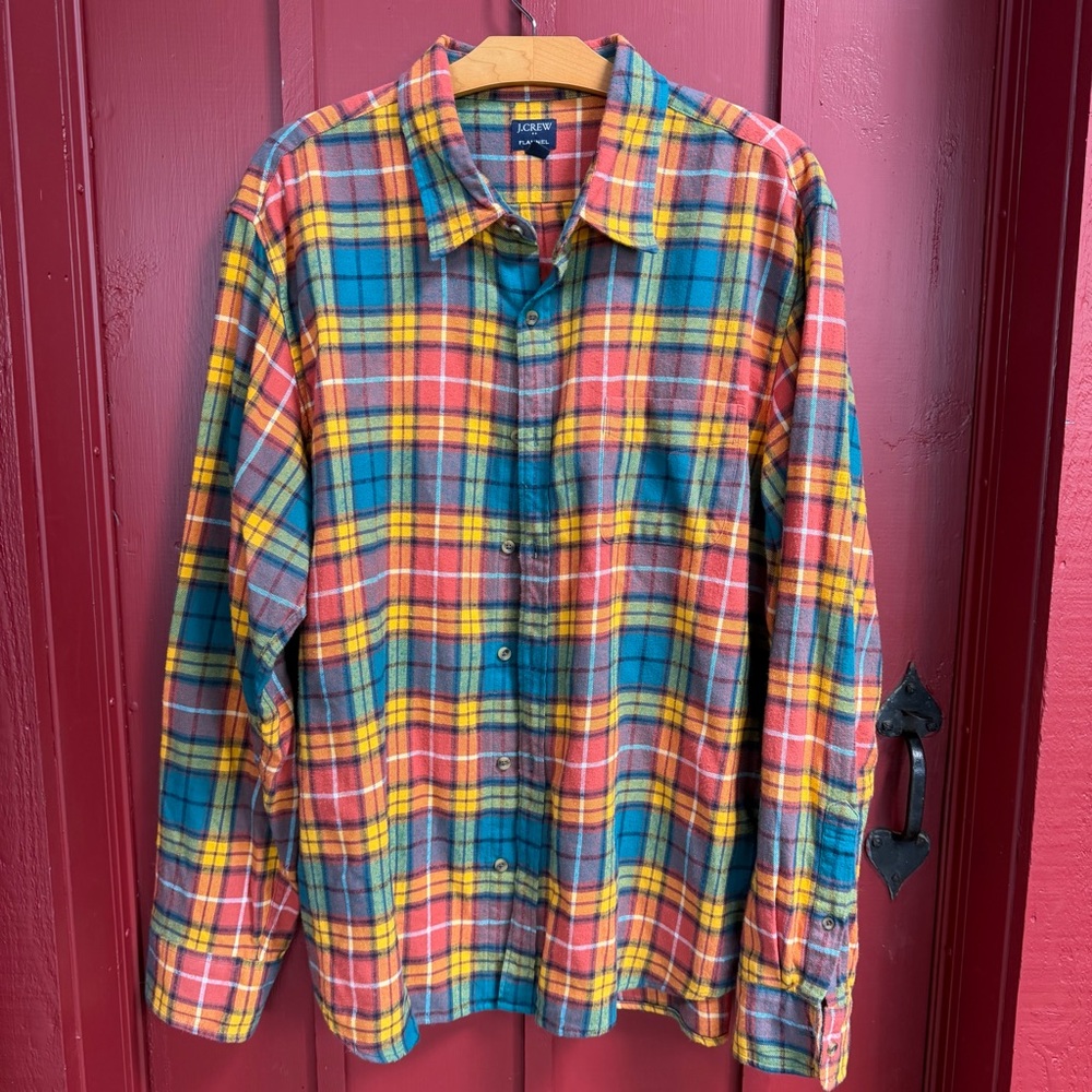 J. Crew Plaid Button-Down Shirt in Orange, Teal, Yellow